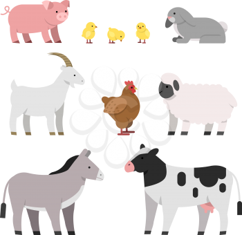 Vector illustrations of farm animals. Cow and chicken, pig and hen, rooster and sheep