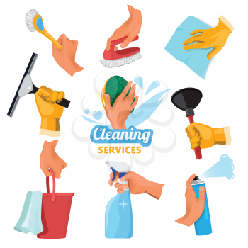 Womens hands with different tools for cleaning. Tools clean in hand, cleaner and brush, sponge washing. Vector illustration