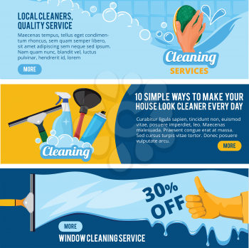 Banners set with concept illustrations of cleaning service theme. Housework cleaner service, sponge and brush vector
