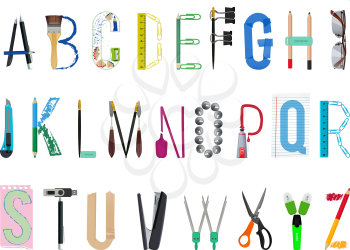 English alphabet from office supplies. Abc and accessory office, pen and pencil, vector illustration