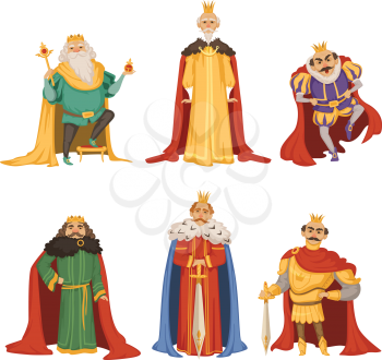 Cartoon characters of big king in different poses. Collection of king character, medieval person lord and monarch with crown. Vector illustration