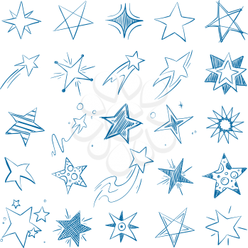 Pictures of different stars in doodle hand drawn style. Star and asterisk, drawing sketch scribble. Vector illustration