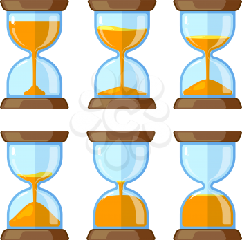 Key frames of hourglasses isolate on white background. Vector pictures for animation. Illustration of hourglass time, timer clock glass