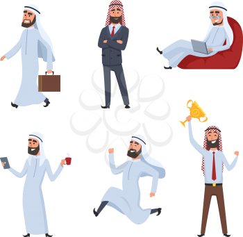 Cartoon characters set. Illustrations of arabic businessmen. Vector arab saudi businessman, character muslim arabia standing with cup