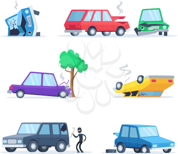 Vector pictures set of different accidents on the road. Big damage of cars. Illustration of vehicle accident, car crash
