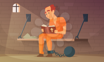 Prisoner sitting in cell and reading bible. Vector robber guy, illustration of criminal person in jail