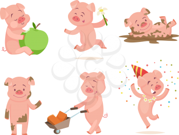 Funny pink pigs playing games. Cartoon pig fun and smile, piglet drawing characters. Vector illustration