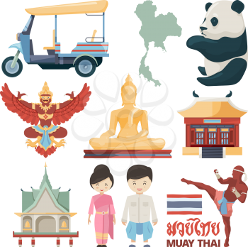 Vector illustrations of traditional landmarks of Thailand with Muay Thai text. Travel and tourism, traditional asia culture, temple and panda animal