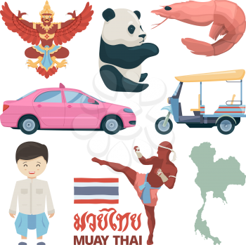 Collection of thailand landmarks and different traditional symbols. Thailand culture, landmark traditional national, vector illustration