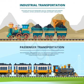 Banners template with colored illustrations of retro trains. Locomotive transportation, railroad transport for travel vector