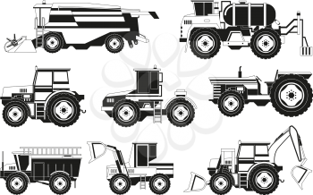 Monochrome pictures of agricultural machinery. Vector machinery equipment for agricultural illustration