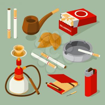 Isometric pictures of different accessories for smokers. Vector tobacco and pipe, addiction and unhealthy nicotine illustration
