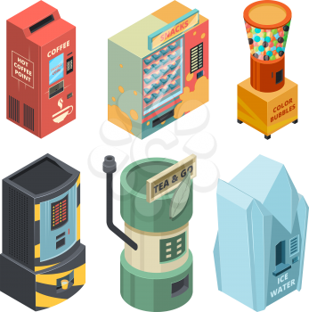Food machine for drinks, coffee and snack in packages. Vector isometric pictures. Vending automatic machine, drink soda and coffee illustration