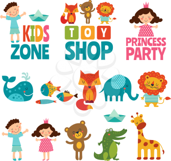 Funny illustrations of kids and animals. Vector logos for childrens. Toy shop logo, kids zone emblem, crocodile and fish, giraffe and elephant illustration