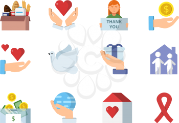 Colored vector symbols of charities. Charity and help, support and donate icons of set illustration