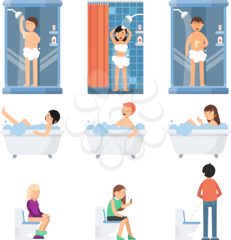 Different funny people take a shower in bathroom. Vector pictures in flat style. Bathroom and shower, man or woman in foam bathing illustration