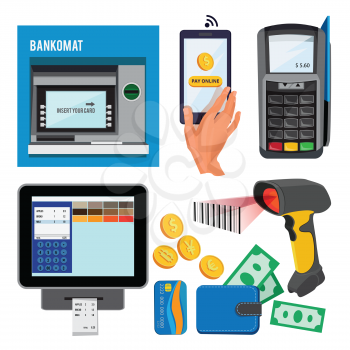 Vector illustrations of bankomat and terminal for credit cards payments. Atm and credit card, money payment, banking terminal