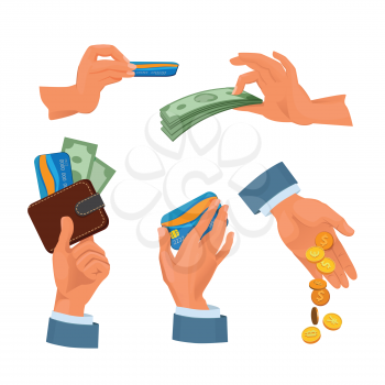 Coins, bank cards and dollars in hands. Pictures set of money. Vector money and credit card, coins and cash in hand illustration