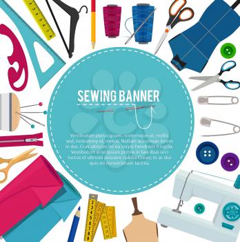 Background picture with different sewing elements and place for your text. Sewing poster with needle and scissors illustration