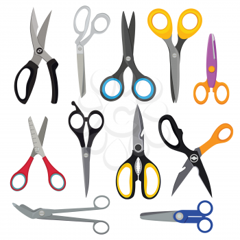 Illustrations of colored scissors. Vector pictures set in flat style. Scissor for hairdressing, sharp tools, shears accessories