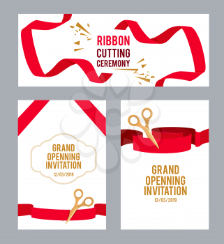 Banners set with pictures with red ribbons for ceremony. Vector scissors cut ribbon, ceremony invitation illustration