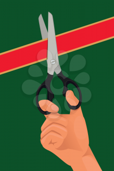 Hand with the scissors cut the red ribbon. Ceremony event open new business, vector illustration