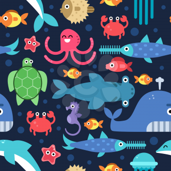 Seamless pattern of sea underwater life. Vector flat illustrations. Under water marine wildlife, fish and starfish