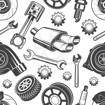 Monochrome seamless pattern with automobile tools and details. Parts for repair car pattern, detail brake and spark, vector illustration