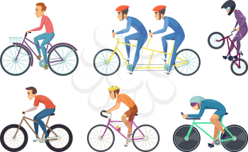 Bicyclist ride various bikes. Funny characters isolate on white background. Bike transport for walking, road and mountain bicycle. Vector illustration