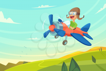 Boy flying in airplane. Funny cartoon illustration. Airplane flying, pilot cheerful vector