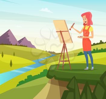 Artist in nature making picture. Artist paint brush, paintbrush artistic, painter and easel, vector illustration