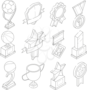 Linear isometric icon set of various sport trophies. Winner and champion prize, medal and cup illustration