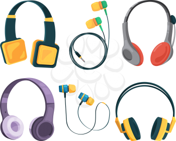 Vector collection set of different headphones. Illustrations in cartoon style. Equipment headset and stereo headphone, gadget accessory