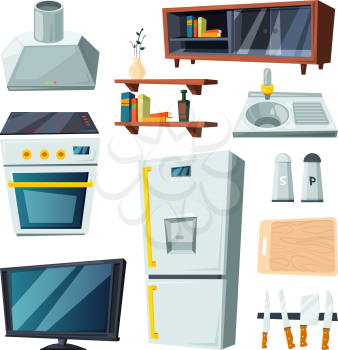 Furniture for kitchen and living room. Vector stove and sink, fridge equipment and exhaust illustration