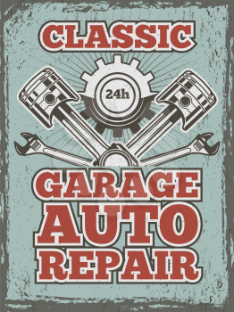 Retro poster of automobile theme with illustrations of different mechanic tools and details. Vector service repair, gear wheel, garage banner