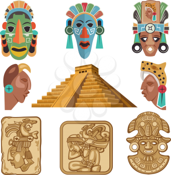 Historical symbols of mayan culture. Religion idols. Mask tribal, mythology mexican, souvenir traditional, vector illustration