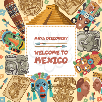 Vector frame with illustrations of various tribal mayan symbols. Ancient aztec ethnic mexico culture, inca native mask