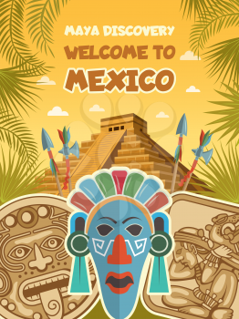 Ancient pictures of tribal masks, mayan artifacts and pyramids. Vector mayan culture, tribal aztec discovery civilization illustration