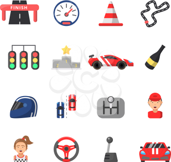 Flat icon set of formula 1 cars and racing symbols. Championship trophy, finish competition auto, vector illustration