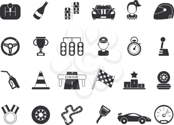 Monochrome pictures set of sport symbols for formula 1 and racing cars. Speed sport car, speedometer and flag. Vector illustration