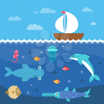 Stylized flat vector illustrations of underwater life. Undersea landscape and travel sail boat