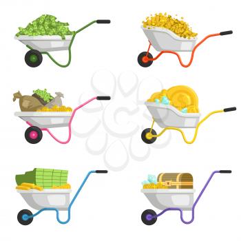 Illustrations of wheelbarrow with money. Vector set of wheelbarrow with finance dollar or golden coins