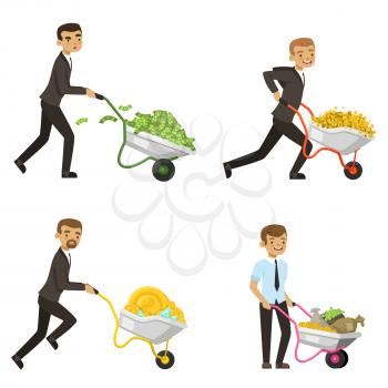 Businessmen driving a wheelbarrow with money. Man with investment cash, character wealth, vector illustration