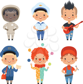 Cartoon illustrations of kids at different professions. Vector postman and sailor, musician and fisherman