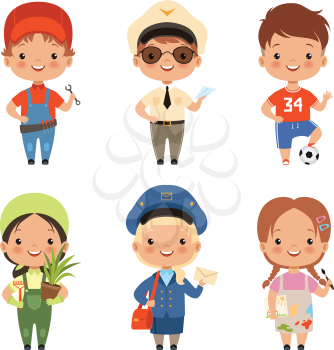 Funny cartoon children characters of various professions. Character profession child and kids, boy and girl. Vector illustration