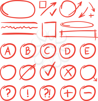 Exam marks and notes for learn testing. Red grade results mark for test school check. Vector illustration