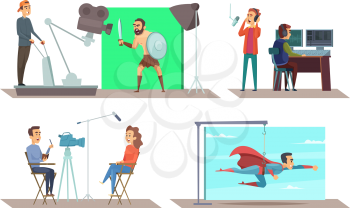 Movie production with actors on set. Making cinema with operator and actress. Vector illustration