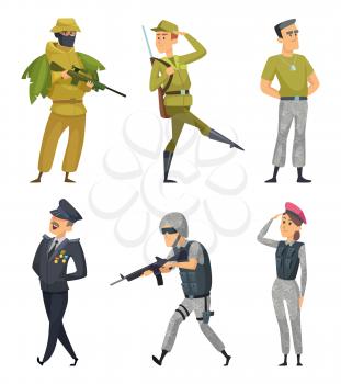 Military characters. Army soldiers male and female. Military man in uniform with ammunition. Vector illustration