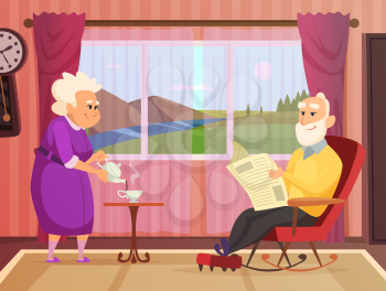 Vector background illustrations of Elderly couple, making home care. Senior grandmother and grandfather in room