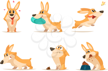 Various illustrations of funny little dog in action poses. Dog pet cute, animal happy